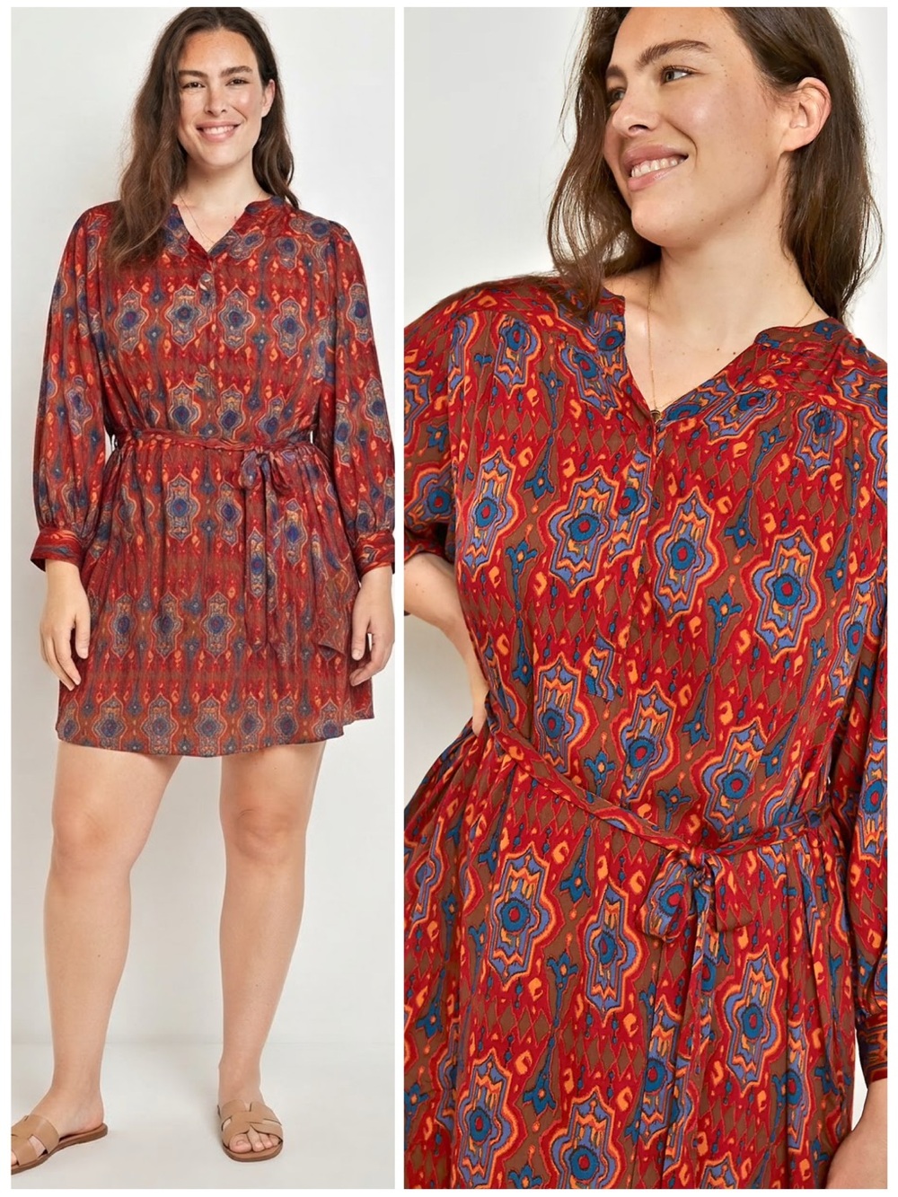 Anthropologie Tiny Rosemary Ikat Long Sleeve Tunic Dress Belted Red Size Medium